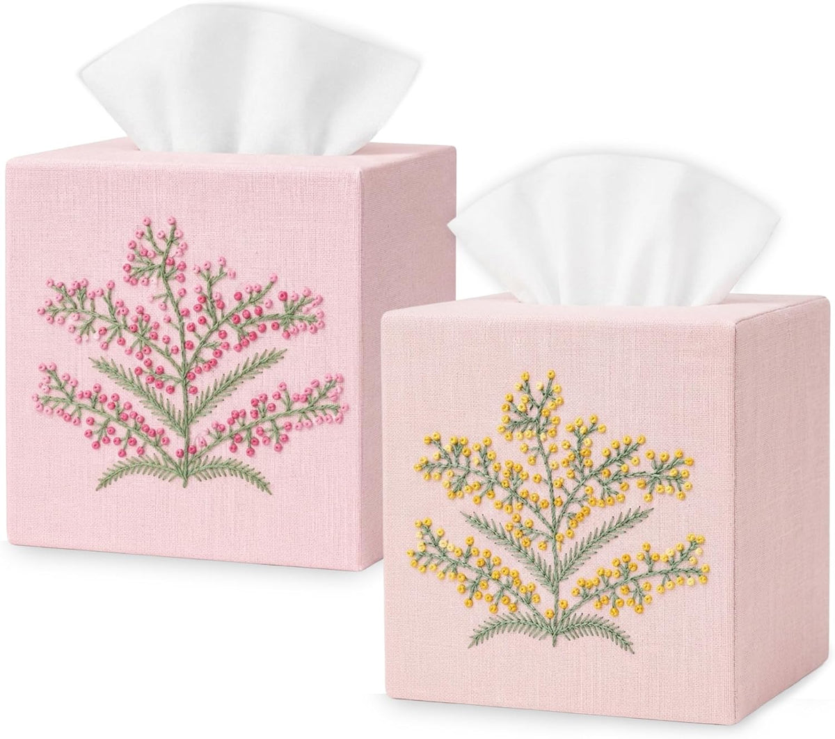 Cloth Tissue Box Cover Cute Set of 2, Square Linen Tissue Holder with French Knot Hand Embroidered Flowers Pattern, Home, Office, Kitchen Decor, 4.5x4.5x5.5 Inches (Pink)