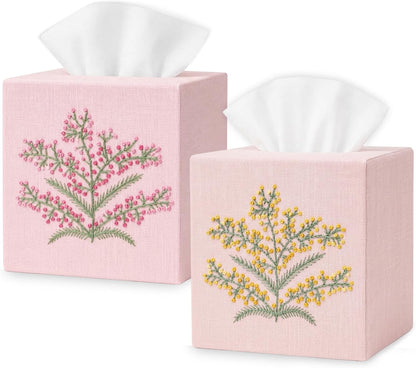 Cloth Tissue Box Cover Cute Set of 2, Square Linen Tissue Holder with French Knot Hand Embroidered Flowers Pattern, Home, Office, Kitchen Decor, 4.5x4.5x5.5 Inches (Pink)