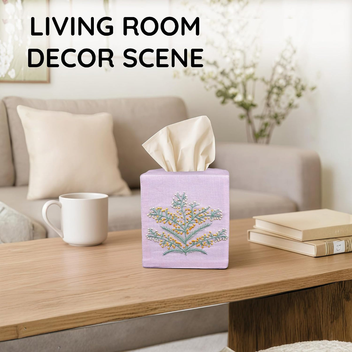 Cloth Tissue Box Cover Cute Set of 2, Square Linen Tissue Holder with French Knot Hand Embroidered Flowers Pattern, Home, Office, Kitchen Decor, 4.5x4.5x5.5 Inches (Pink)