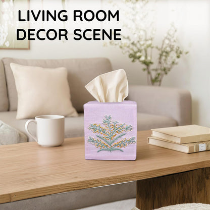 Cloth Tissue Box Cover Cute Set of 2, Square Linen Tissue Holder with French Knot Hand Embroidered Flowers Pattern, Home, Office, Kitchen Decor, 4.5x4.5x5.5 Inches (Pink)