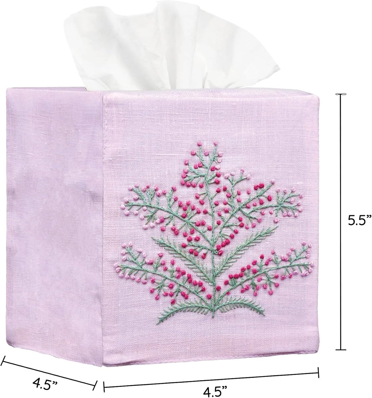 Cloth Tissue Box Cover Cute Set of 2, Square Linen Tissue Holder with French Knot Hand Embroidered Flowers Pattern, Home, Office, Kitchen Decor, 4.5x4.5x5.5 Inches (Pink)
