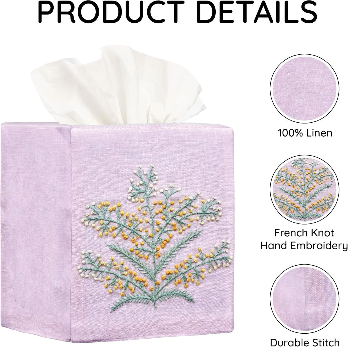 Cloth Tissue Box Cover Cute Set of 2, Square Linen Tissue Holder with French Knot Hand Embroidered Flowers Pattern, Home, Office, Kitchen Decor, 4.5x4.5x5.5 Inches (Pink)