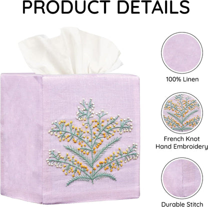 Cloth Tissue Box Cover Cute Set of 2, Square Linen Tissue Holder with French Knot Hand Embroidered Flowers Pattern, Home, Office, Kitchen Decor, 4.5x4.5x5.5 Inches (Pink)