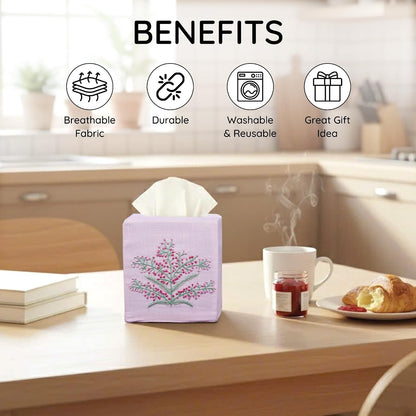 Cloth Tissue Box Cover Cute Set of 2, Square Linen Tissue Holder with French Knot Hand Embroidered Flowers Pattern, Home, Office, Kitchen Decor, 4.5x4.5x5.5 Inches (Pink)