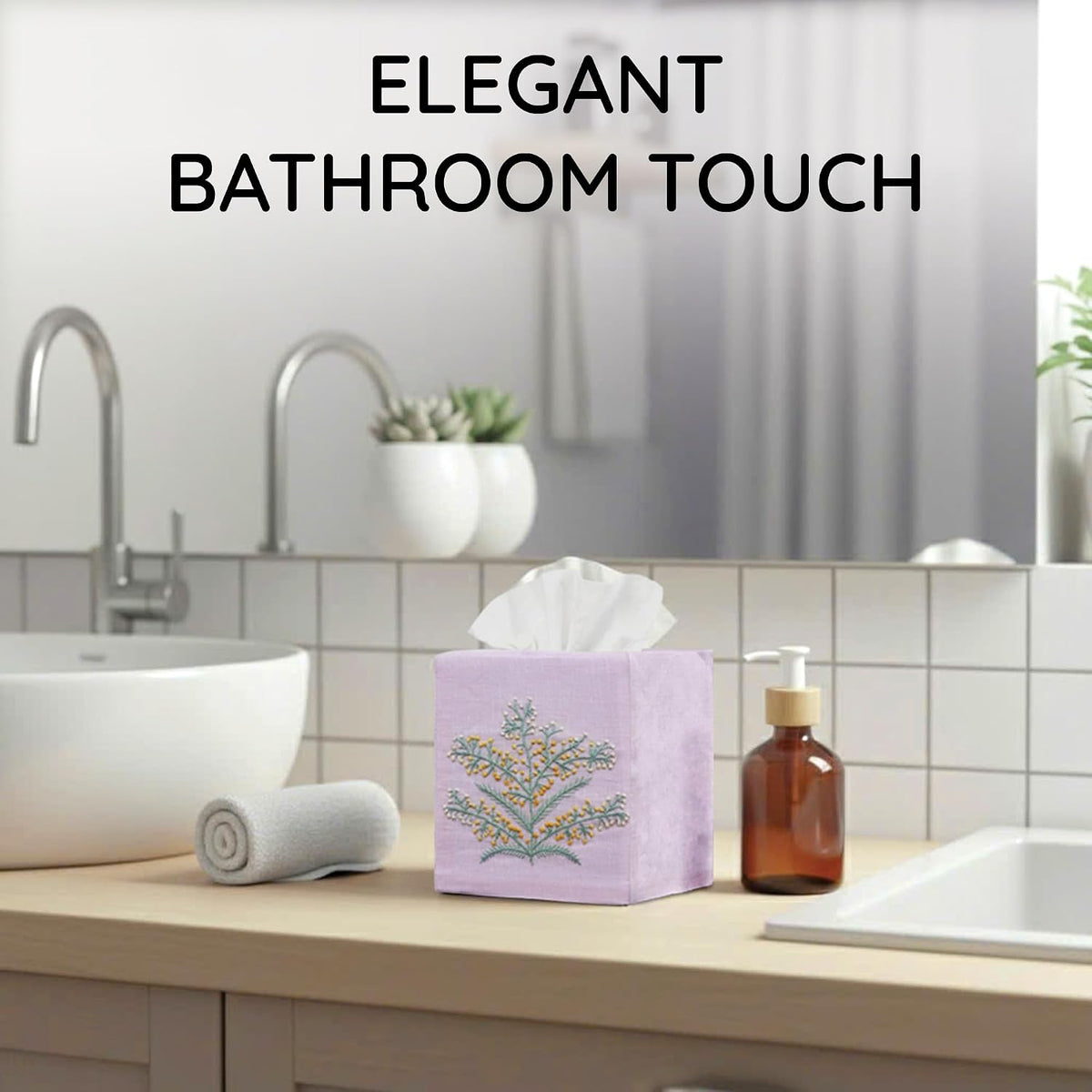 Cloth Tissue Box Cover Cute Set of 2, Square Linen Tissue Holder with French Knot Hand Embroidered Flowers Pattern, Home, Office, Kitchen Decor, 4.5x4.5x5.5 Inches (Pink)