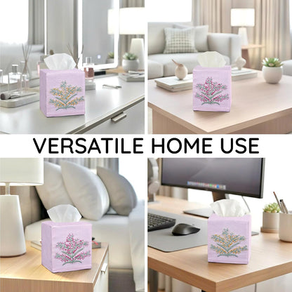 Cloth Tissue Box Cover Cute Set of 2, Square Linen Tissue Holder with French Knot Hand Embroidered Flowers Pattern, Home, Office, Kitchen Decor, 4.5x4.5x5.5 Inches (Pink)