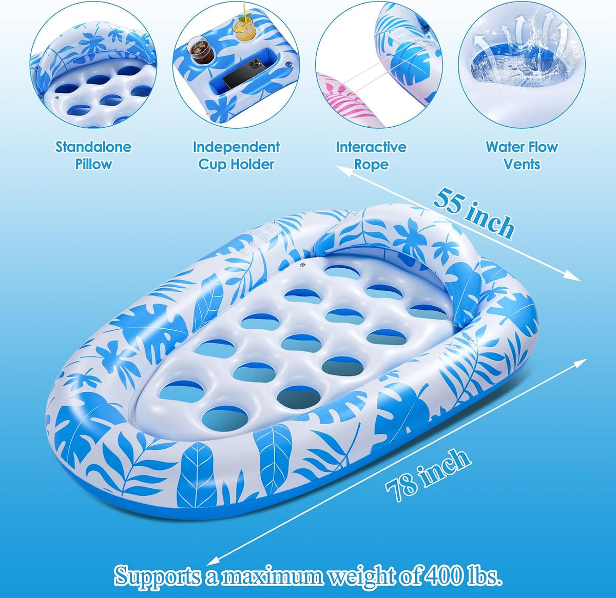 Giant Inflatable ,78 x 55 Inches Pool Float Adult Mat with Headrest & Cup Holder Lake Float Raft Water Lounger Multi-Use Swimming Floaty for Party time Beach Outdoor