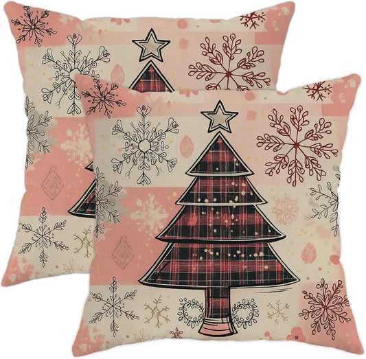 Christmas Throw Pillow Covers Set of 2, Peach Snowflake and Tree Decorative Cushion Cases, Holiday Farmhouse Decor for Home Sofa Bed Couch 12x12 Inch