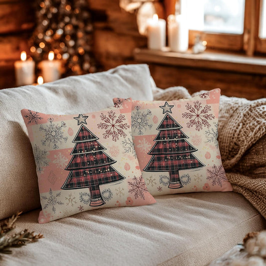 Christmas Throw Pillow Covers Set of 2, Peach Snowflake and Tree Decorative Cushion Cases, Holiday Farmhouse Decor for Home Sofa Bed Couch 12x12 Inch