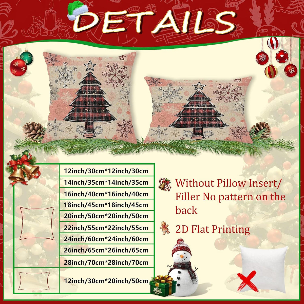 Christmas Throw Pillow Covers Set of 2, Peach Snowflake and Tree Decorative Cushion Cases, Holiday Farmhouse Decor for Home Sofa Bed Couch 12x12 Inch