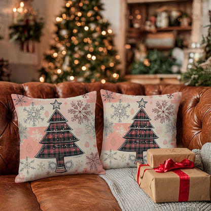 Christmas Throw Pillow Covers Set of 2, Peach Snowflake and Tree Decorative Cushion Cases, Holiday Farmhouse Decor for Home Sofa Bed Couch 12x12 Inch