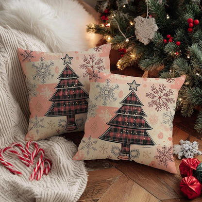 Christmas Throw Pillow Covers Set of 2, Peach Snowflake and Tree Decorative Cushion Cases, Holiday Farmhouse Decor for Home Sofa Bed Couch 12x12 Inch