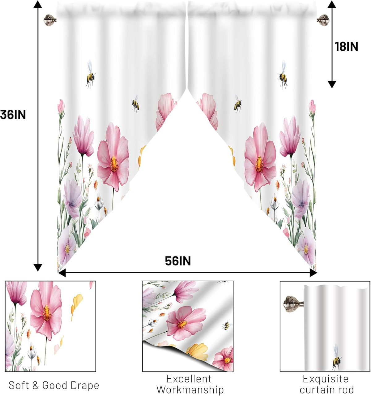 Spring Wildflowers Swag Valances for Windows 1 Pair, 28x36 in
