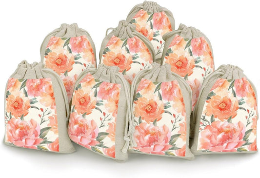 JWSDKNJ 8 Pcs Drawstring Gift Bags 4.9" X 6.7" Peach Peony Jewelry Pouches Shiny Wedding Party Favor Bags Reusable for Party, Christmas, DIY Craft