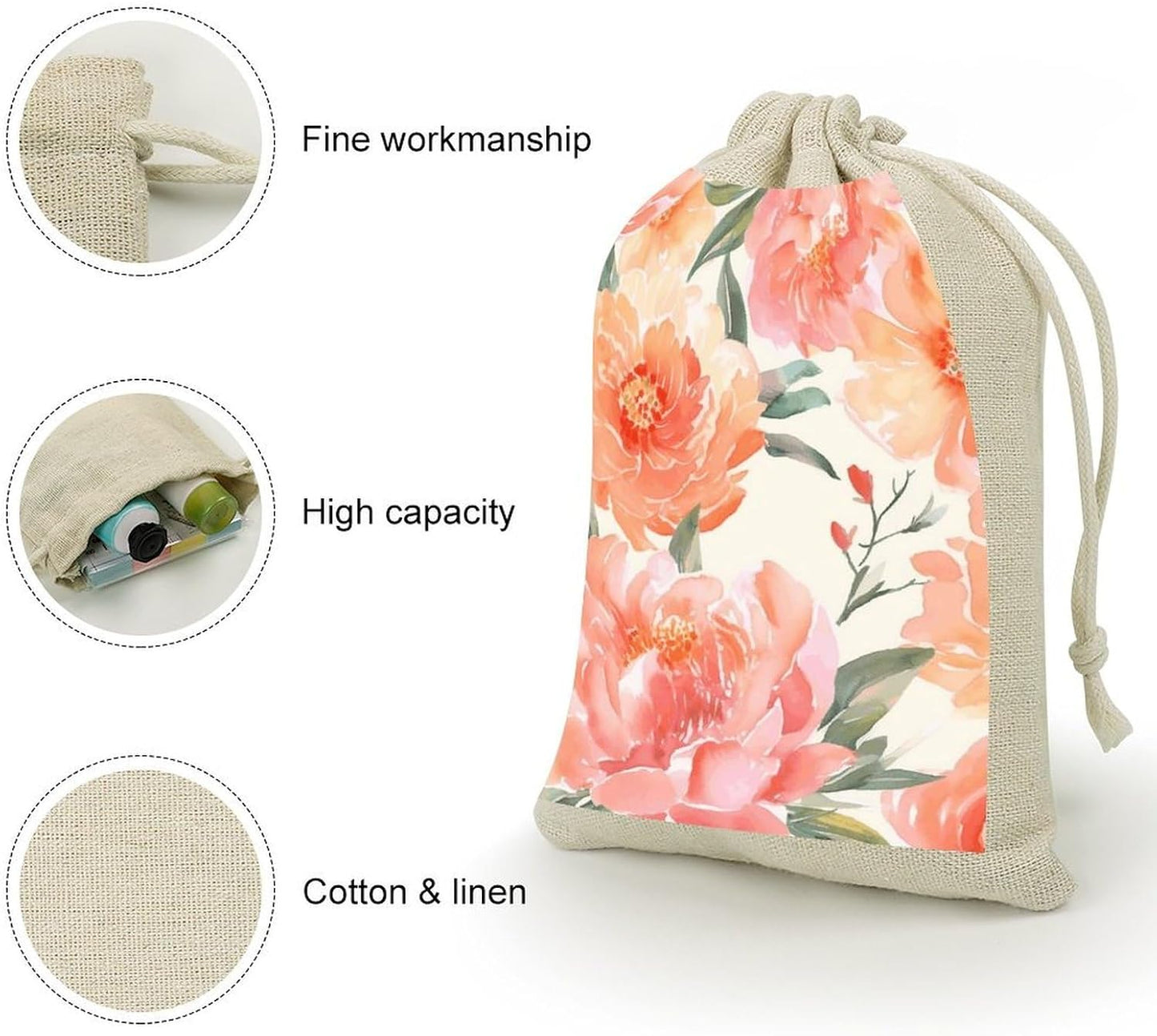 JWSDKNJ 8 Pcs Drawstring Gift Bags 4.9" X 6.7" Peach Peony Jewelry Pouches Shiny Wedding Party Favor Bags Reusable for Party, Christmas, DIY Craft