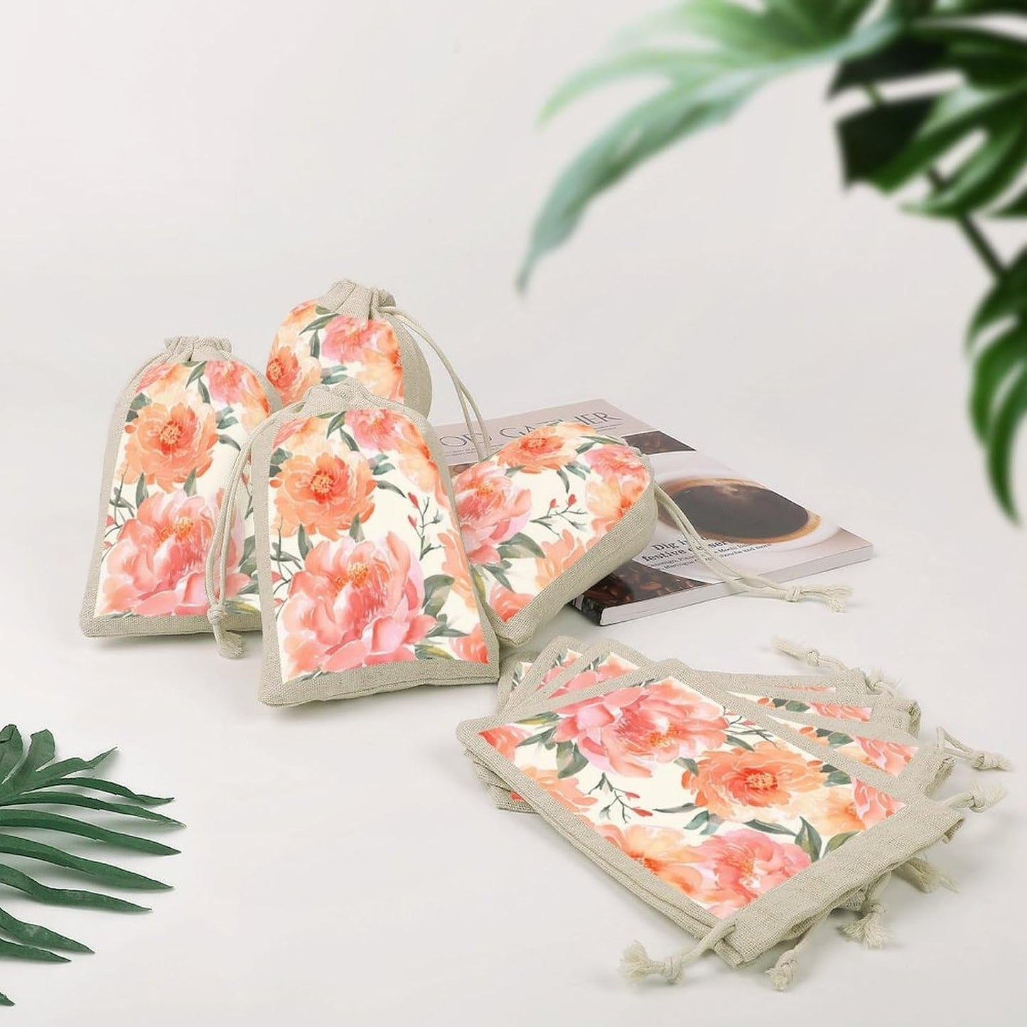 JWSDKNJ 8 Pcs Drawstring Gift Bags 4.9" X 6.7" Peach Peony Jewelry Pouches Shiny Wedding Party Favor Bags Reusable for Party, Christmas, DIY Craft