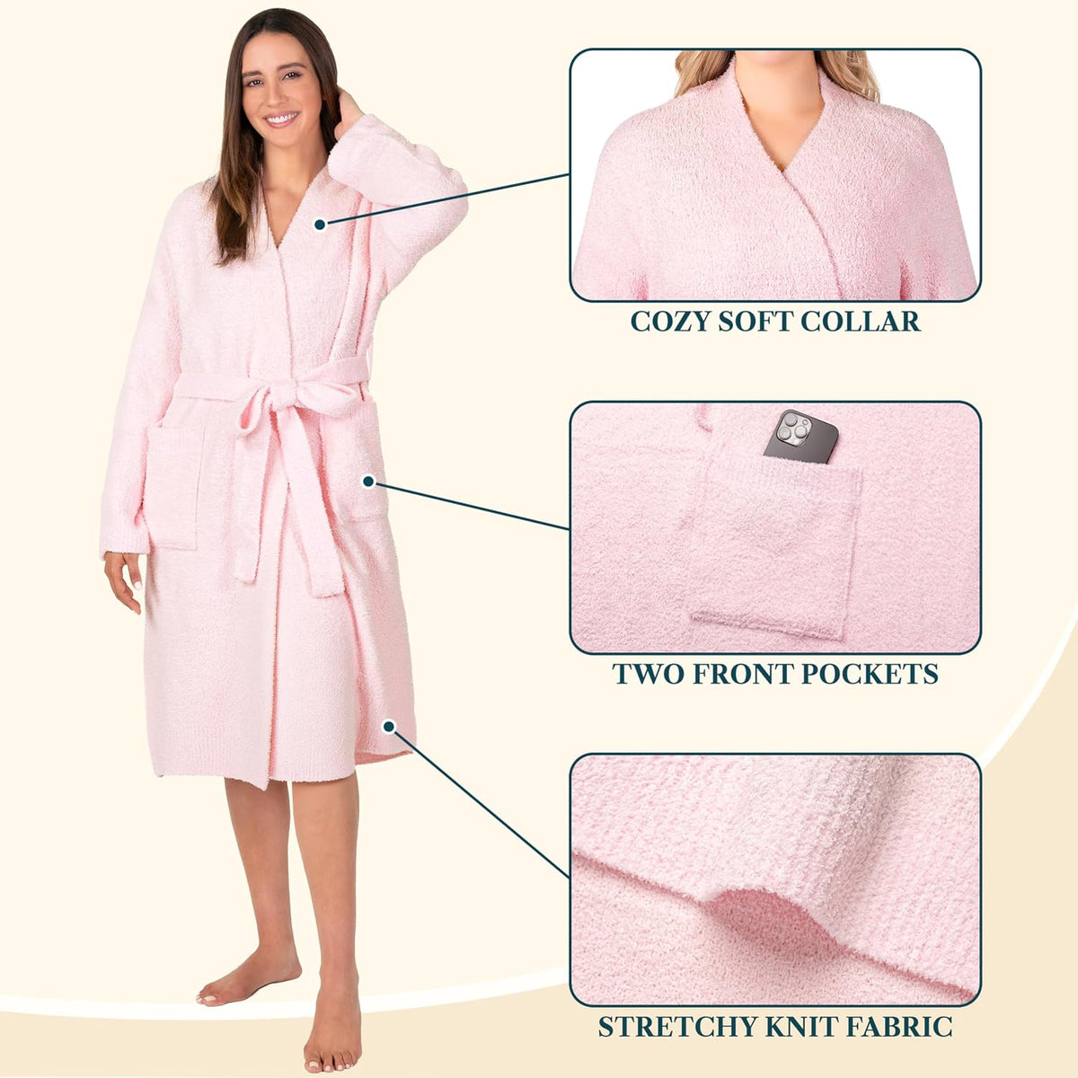 Premium Plush Robe for Women, Soft Cozy Fuzzy Bathrobe with Pockets