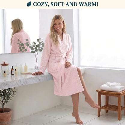 Premium Plush Robe for Women, Soft Cozy Fuzzy Bathrobe with Pockets