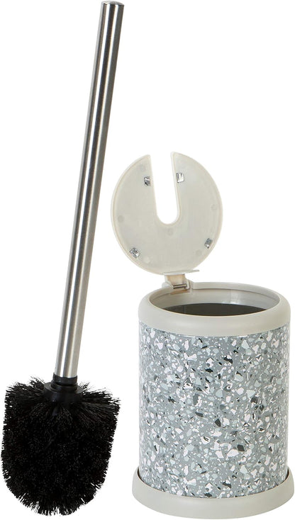 Toilet Brush and Holder | Self Closing Lid | 360 Degree Brush Head | Bathroom Cleaning | Compact Size | Storage and Organization | Terrazzo grey with pink speckles