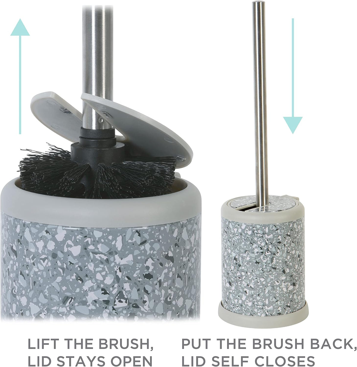 Toilet Brush and Holder | Self Closing Lid | 360 Degree Brush Head | Bathroom Cleaning | Compact Size | Storage and Organization | Terrazzo grey with pink speckles