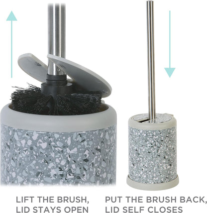 Toilet Brush and Holder | Self Closing Lid | 360 Degree Brush Head | Bathroom Cleaning | Compact Size | Storage and Organization | Terrazzo grey with pink speckles