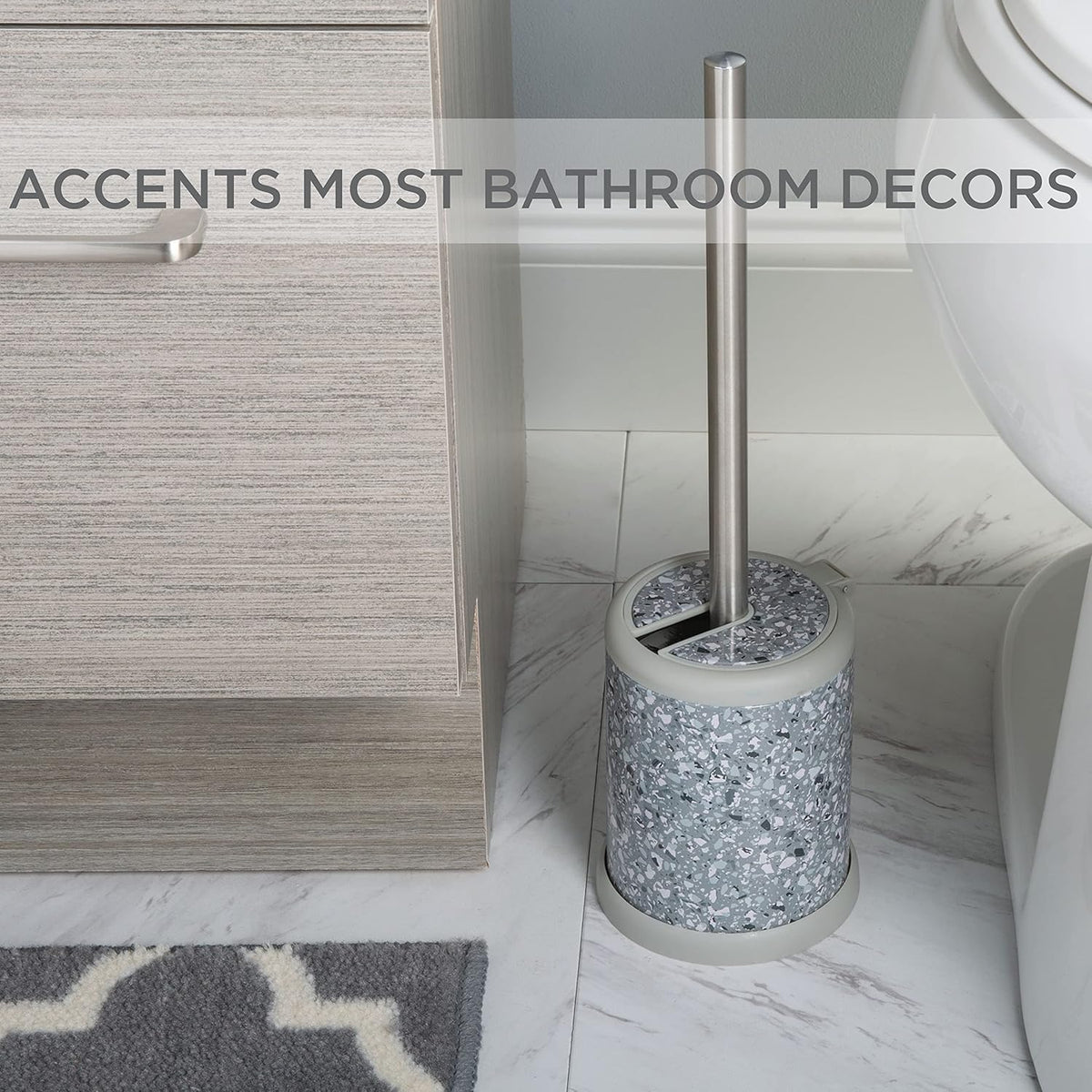 Toilet Brush and Holder | Self Closing Lid | 360 Degree Brush Head | Bathroom Cleaning | Compact Size | Storage and Organization | Terrazzo grey with pink speckles