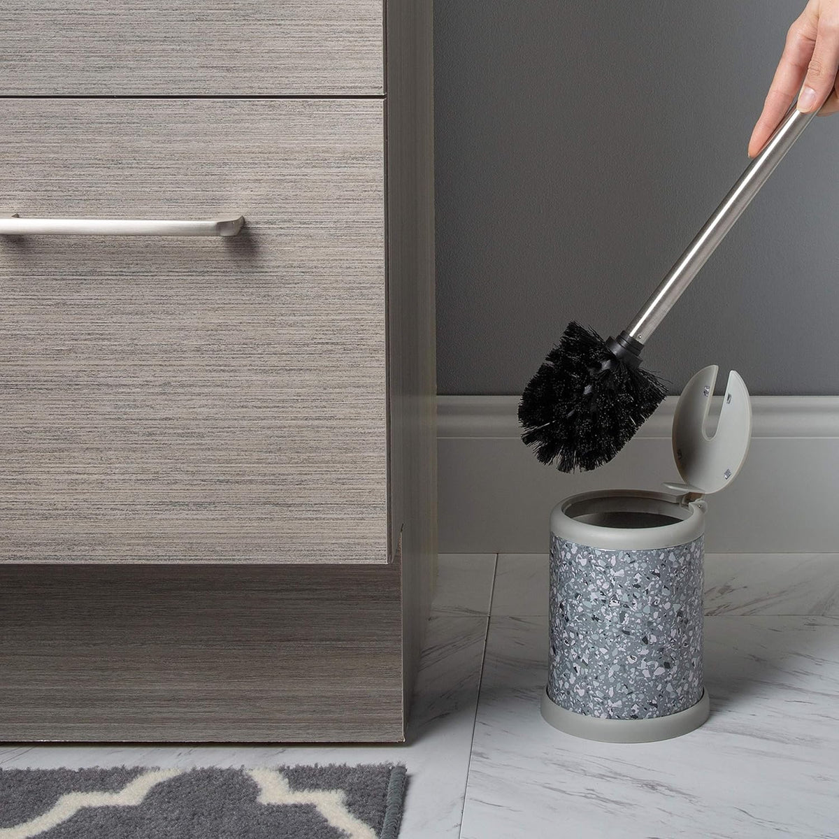 Toilet Brush and Holder | Self Closing Lid | 360 Degree Brush Head | Bathroom Cleaning | Compact Size | Storage and Organization | Terrazzo grey with pink speckles