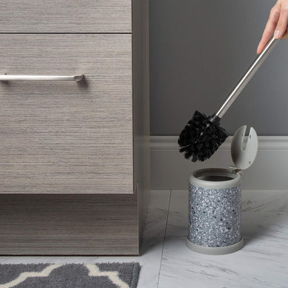 Toilet Brush and Holder | Self Closing Lid | 360 Degree Brush Head | Bathroom Cleaning | Compact Size | Storage and Organization | Terrazzo grey with pink speckles