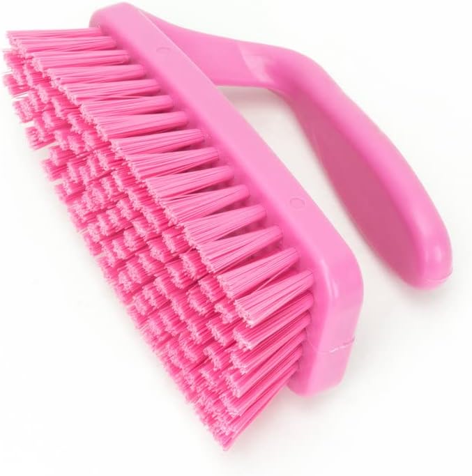 Scrub Brush with Iron Shaped Handle and Stiff Bristles, Heavy Duty Scrubber Brush for Kitchen, Bathroom, Shower, Tile, Sink, Carpet and Bakepans, Polypropylene, 6 Inches, Pink