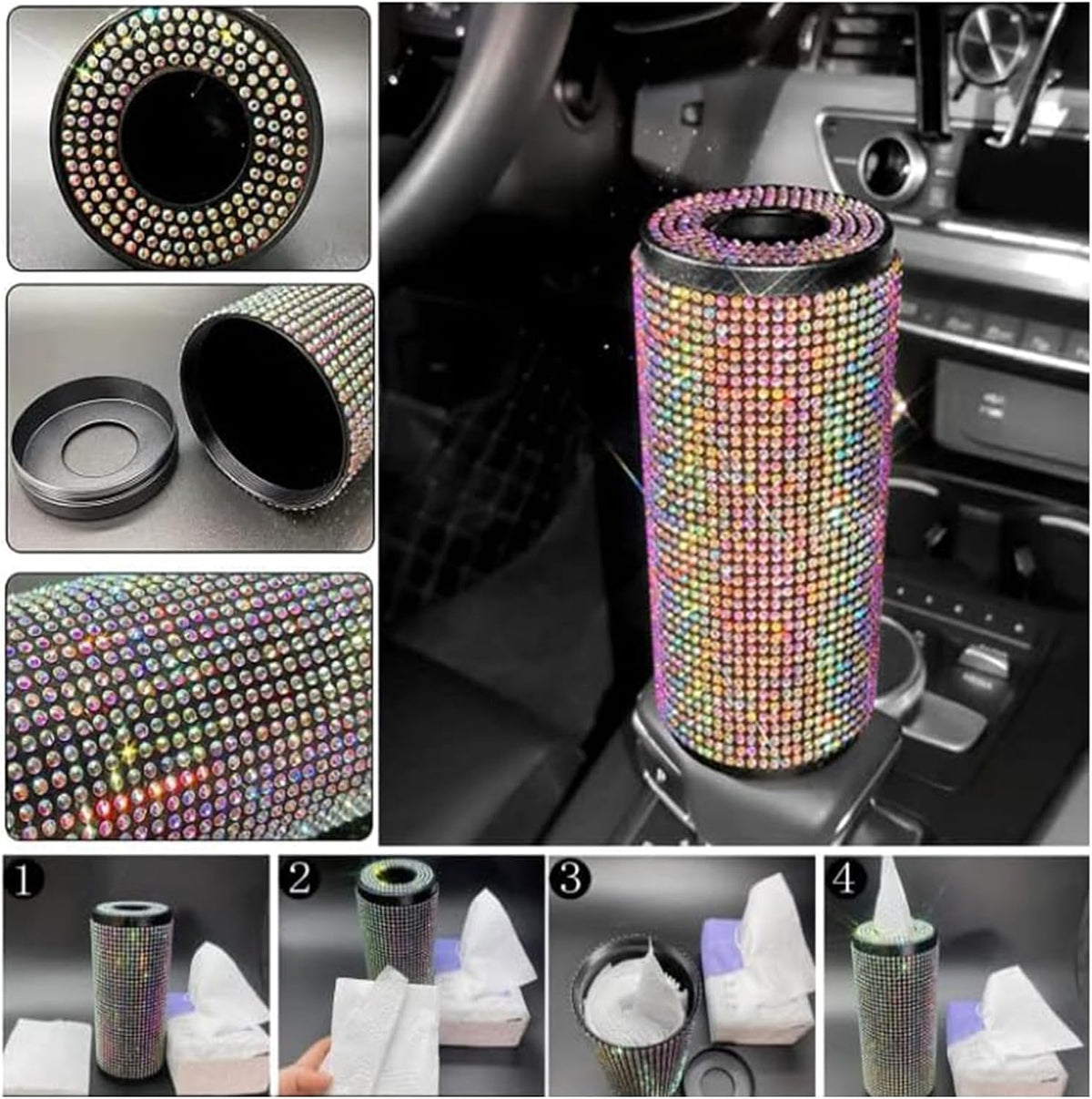 Sparkly Rhinestone Tissue Holder Creative Cylinder Tissue Boxes Fashion Crystal Round Container Decorative Tissue Dispenser for Car Office Home(Pink)
