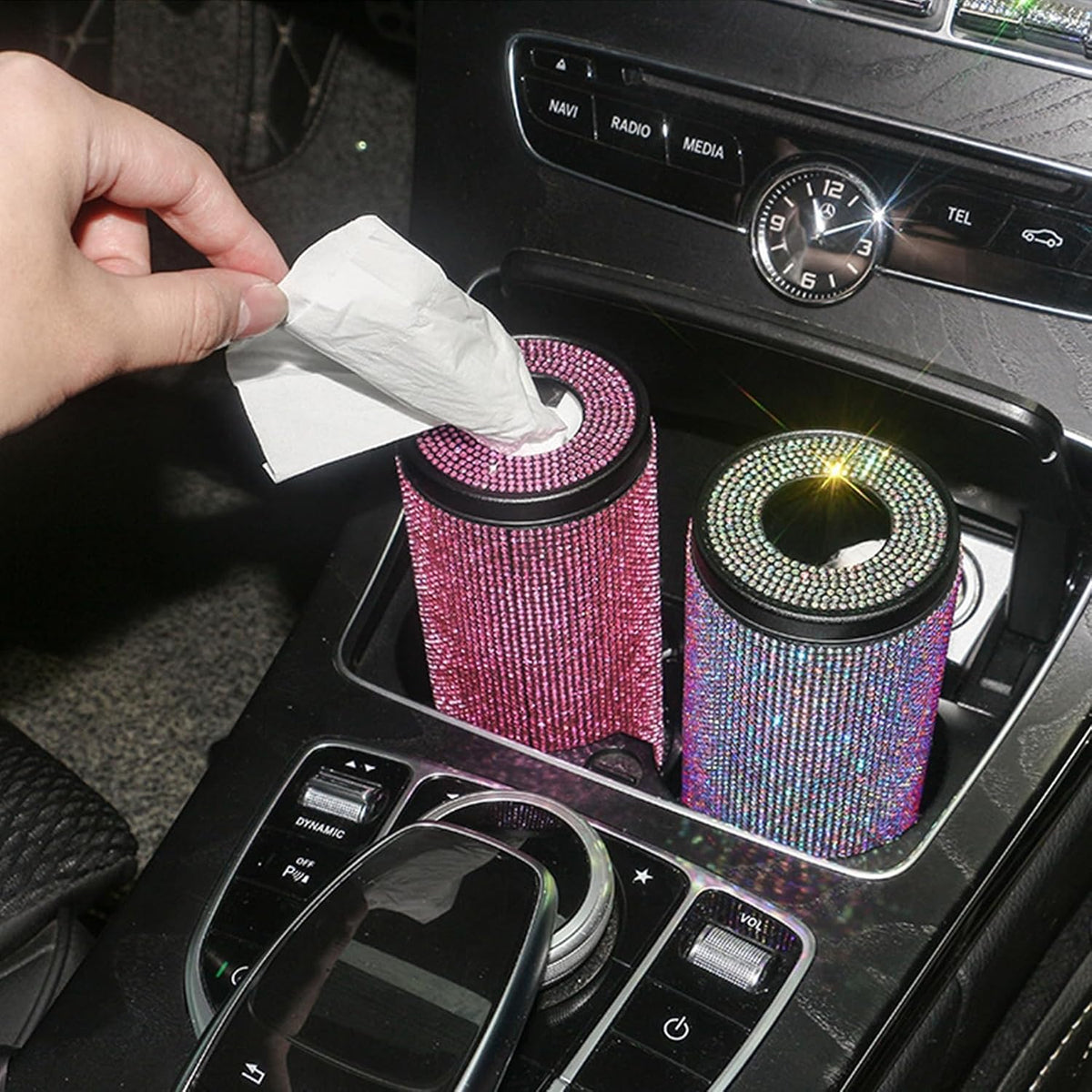 Sparkly Rhinestone Tissue Holder Creative Cylinder Tissue Boxes Fashion Crystal Round Container Decorative Tissue Dispenser for Car Office Home(Pink)