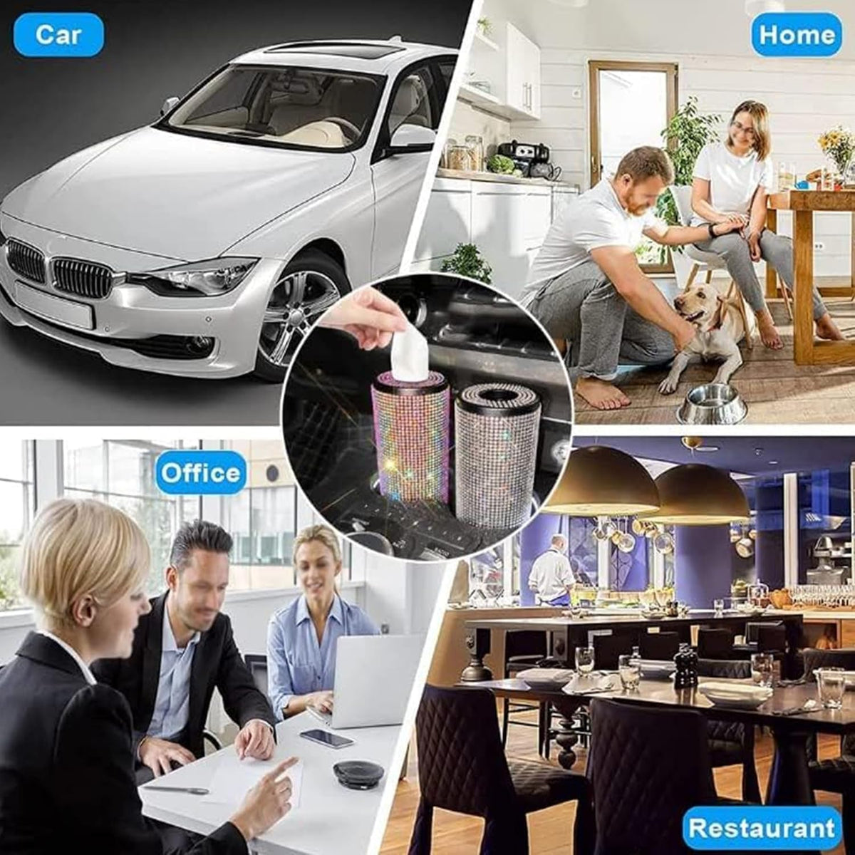 Sparkly Rhinestone Tissue Holder Creative Cylinder Tissue Boxes Fashion Crystal Round Container Decorative Tissue Dispenser for Car Office Home(Pink)