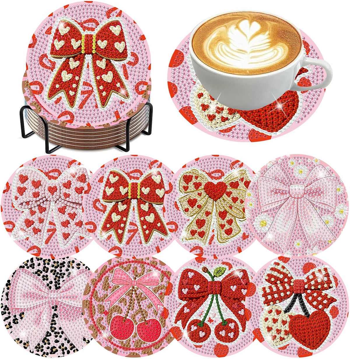 8 Pcs Pink Bow Diamond Art Coasters Kit for Adults 4x4in