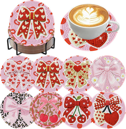 8 Pcs Pink Bow Diamond Art Coasters Kit for Adults 4x4in