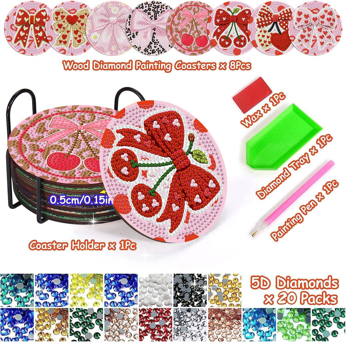 8 Pcs Pink Bow Diamond Art Coasters Kit for Adults 4x4in