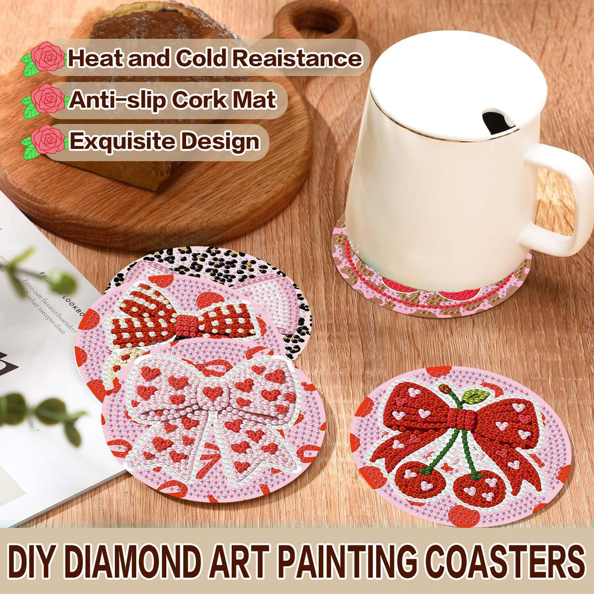 8 Pcs Pink Bow Diamond Art Coasters Kit for Adults 4x4in