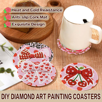 8 Pcs Pink Bow Diamond Art Coasters Kit for Adults 4x4in