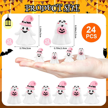 24pcs Halloween Mini Ghost Figurines, Miniature Resin Ghost Figures Decoration for Halloween Party Supply Table Centerpiece Desk Ornament Home Decor, Pink