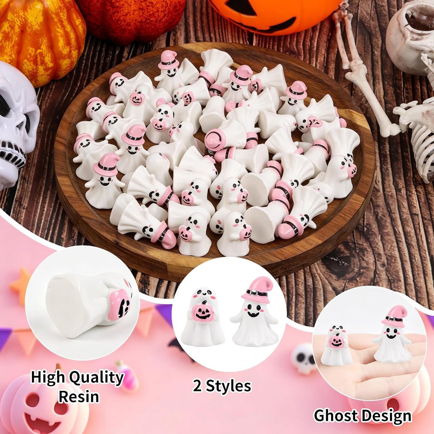 24pcs Halloween Mini Ghost Figurines, Miniature Resin Ghost Figures Decoration for Halloween Party Supply Table Centerpiece Desk Ornament Home Decor, Pink