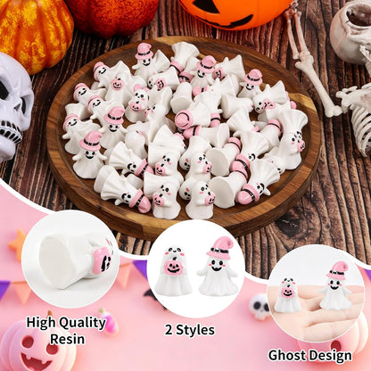 24pcs Halloween Mini Ghost Figurines, Miniature Resin Ghost Figures Decoration for Halloween Party Supply Table Centerpiece Desk Ornament Home Decor, Pink