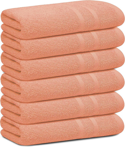 6 Pack Small Bath Towel Set - 100% Cotton 23x46 Shower Towels in 450 GSM. Lightweight & Absorbent Quick Dry Gym Towel for Showering, Pet Drying, Spas & Salons. Terry Ringspun Towels (Peach)