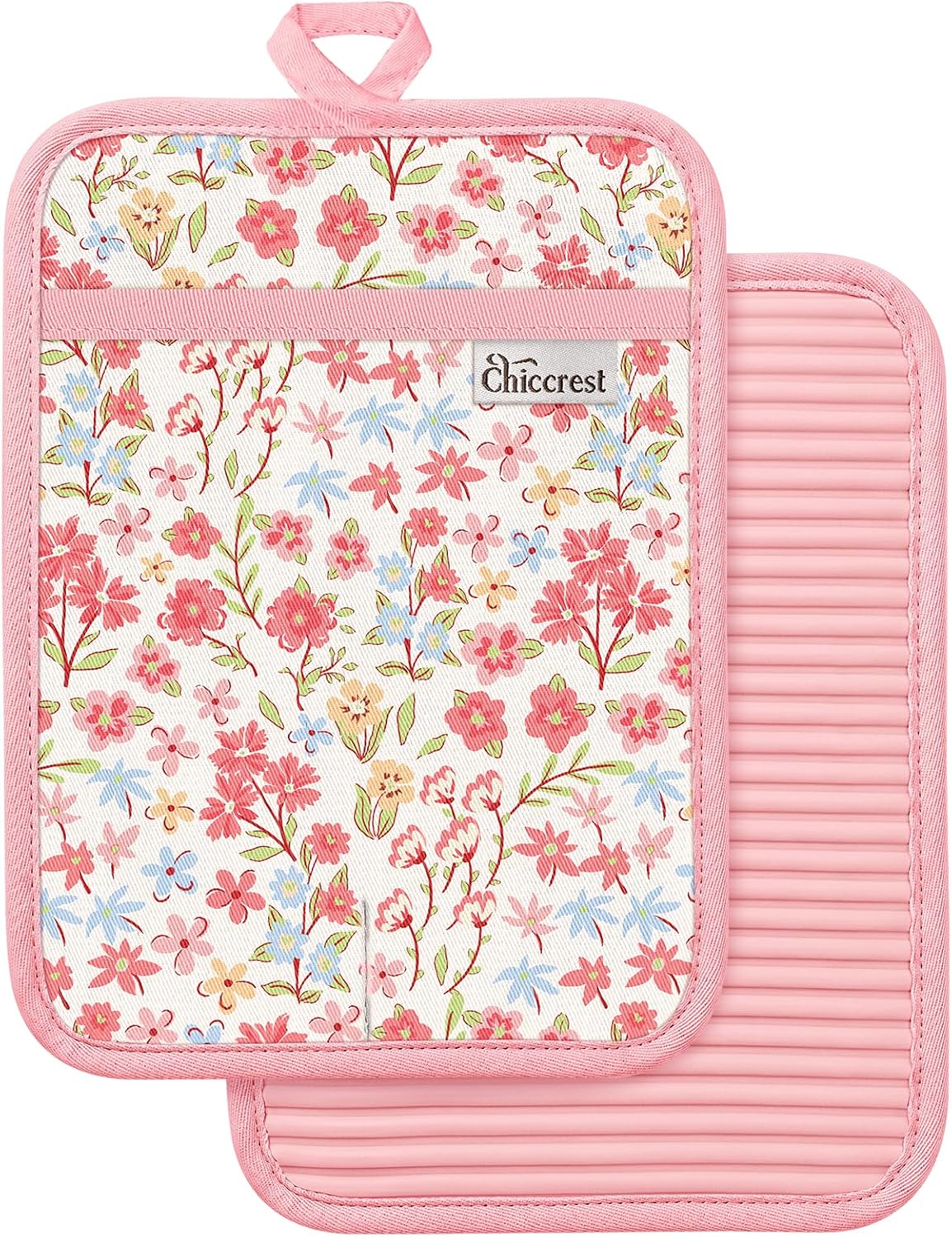 100% Thick Cotton Pot Holders Ribbed Soft Silicone Pink Flower