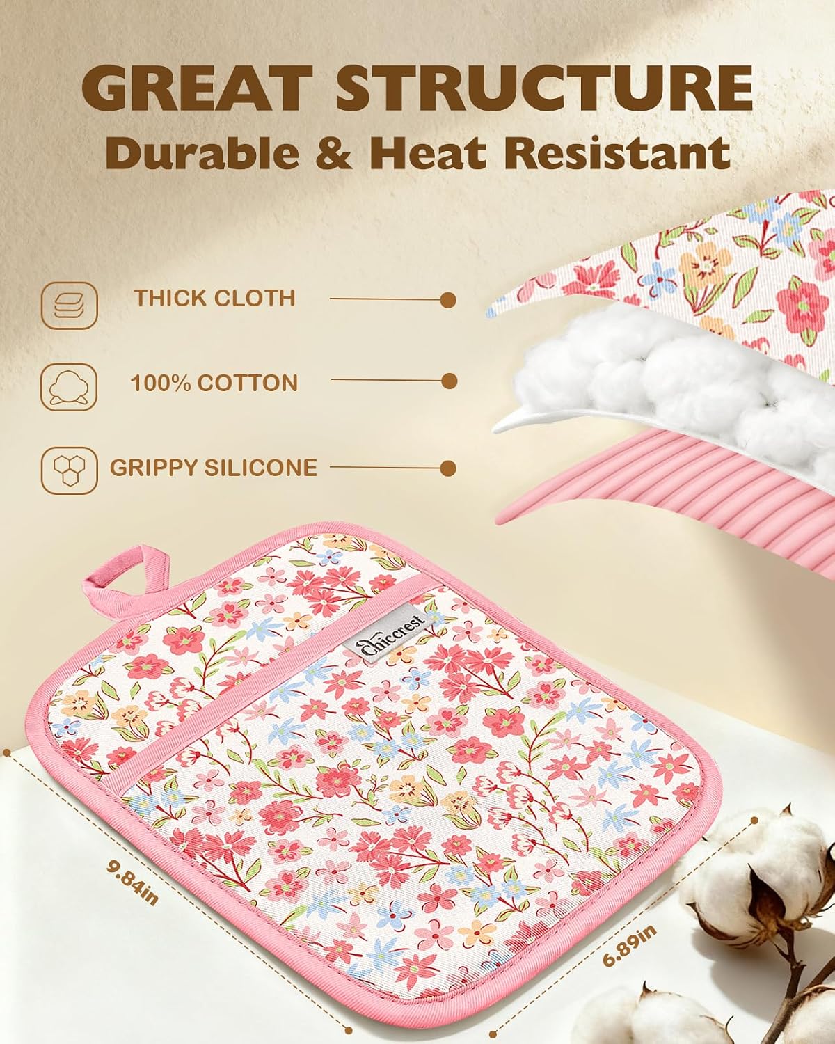 100% Thick Cotton Pot Holders Ribbed Soft Silicone Pink Flower