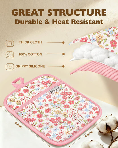 100% Thick Cotton Pot Holders Ribbed Soft Silicone Pink Flower