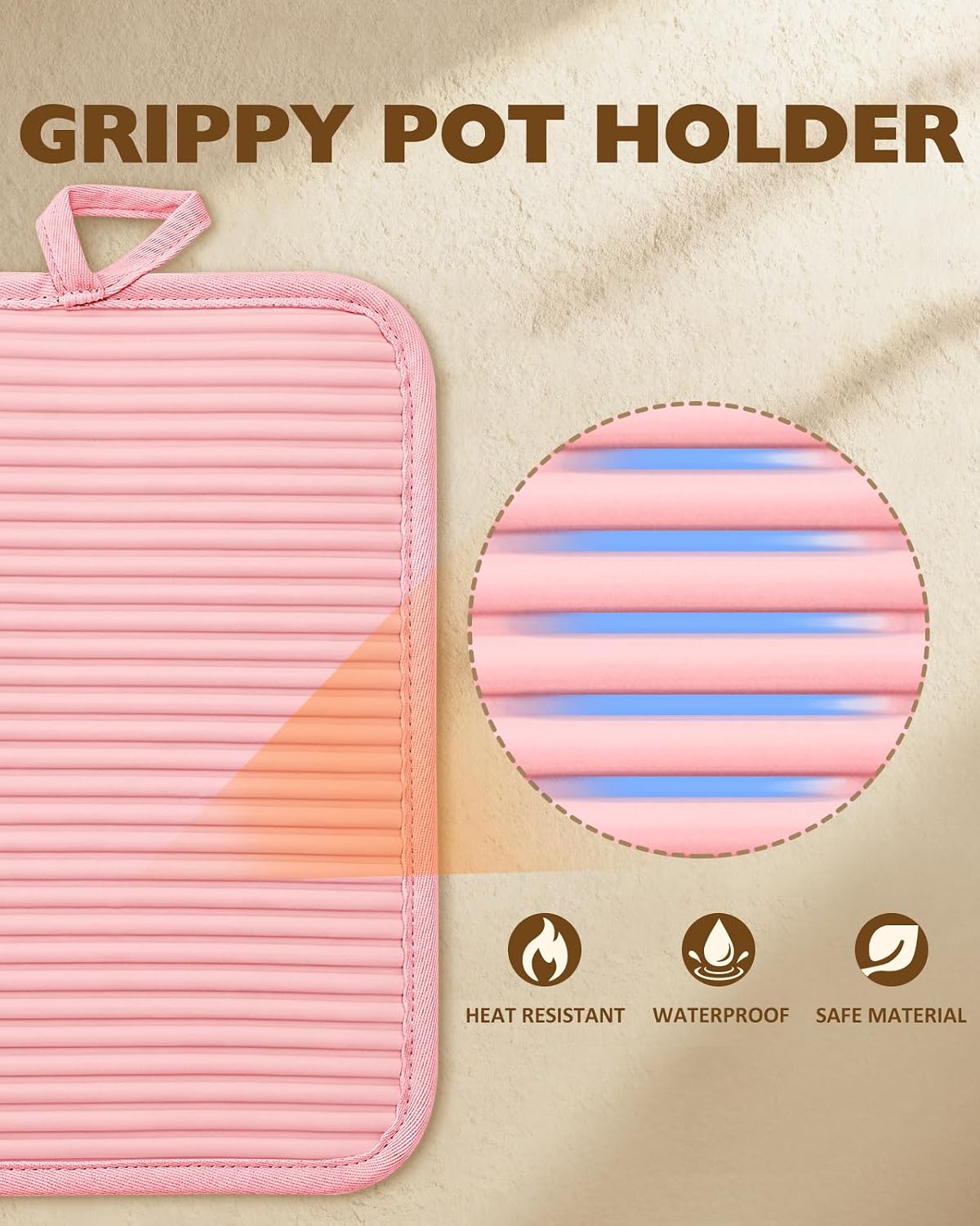 100% Thick Cotton Pot Holders Ribbed Soft Silicone Pink Flower