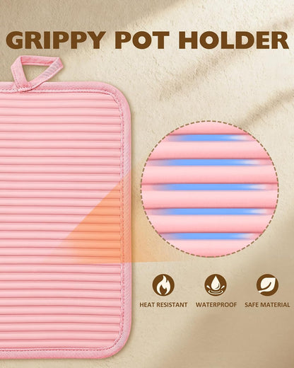 100% Thick Cotton Pot Holders Ribbed Soft Silicone Pink Flower
