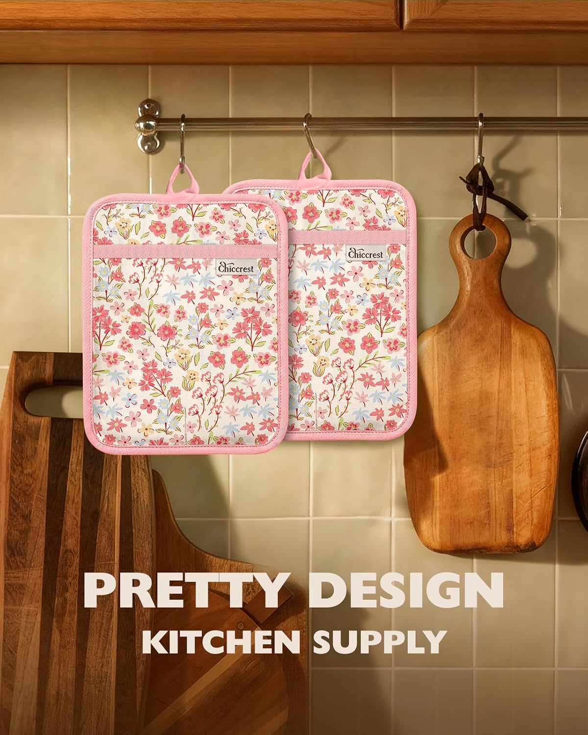 100% Thick Cotton Pot Holders Ribbed Soft Silicone Pink Flower