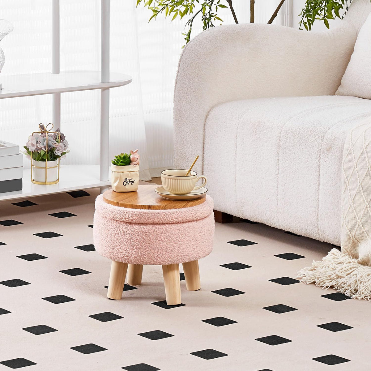 Storage Ottoman, Modern Round Footrest with Soft Padded Seat, Teddy Velvet Footstool with Wood Legs, Accent Small Table or Plant Stand for Hallway, Living Room (Pink)