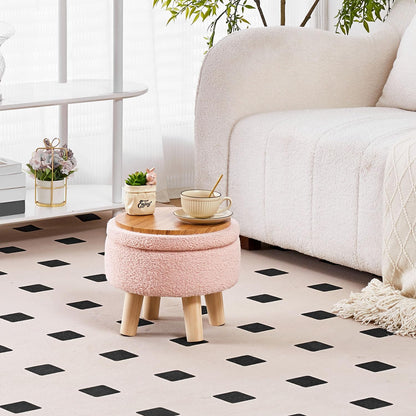 Storage Ottoman, Modern Round Footrest with Soft Padded Seat, Teddy Velvet Footstool with Wood Legs, Accent Small Table or Plant Stand for Hallway, Living Room (Pink)