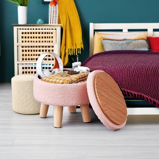 Storage Ottoman, Modern Round Footrest with Soft Padded Seat, Teddy Velvet Footstool with Wood Legs, Accent Small Table or Plant Stand for Hallway, Living Room (Pink)